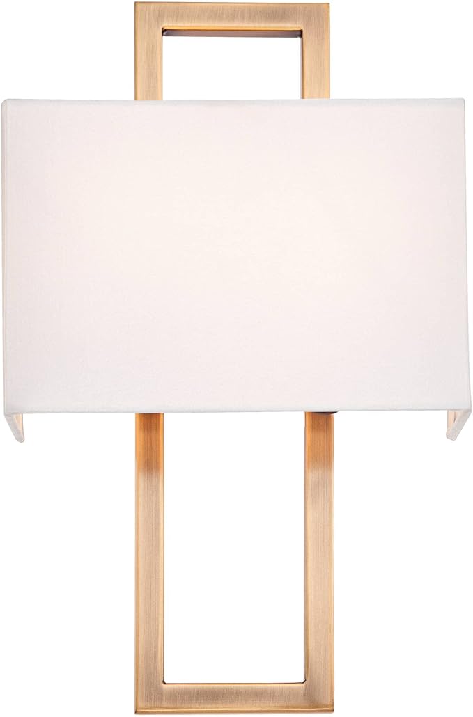 Possini Euro Design Modena Modern Wall Light Sconces Set of 2 French Brass Gold Hardwired 9 1/2" Fixture Off-White Faux Silk Half Shade for Bedroom Bathroom Vanity Living Room Home Hallway Dining