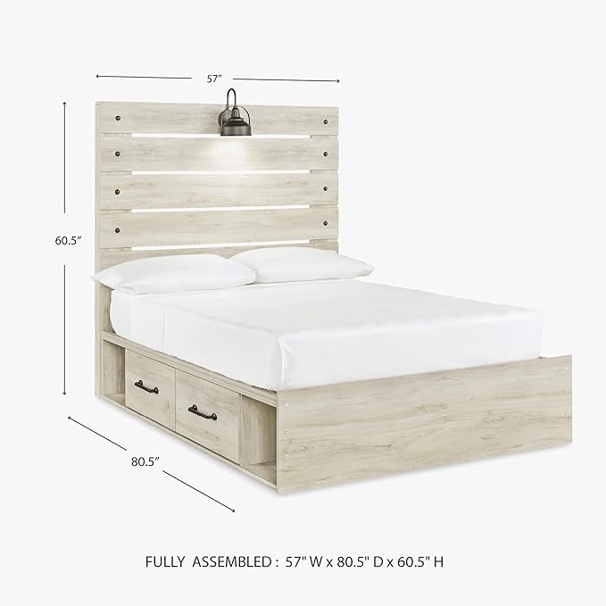 Signature Design by Ashley Cambeck Farmhouse Full Panel Platform Bed with 4 Storage Drawers, Sconce Light and USB Ports, Foundation or Box Spring Not Needed, Whitewash