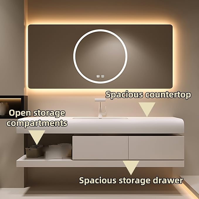 52IN Bathroom Vanity with Sink - Bathroom Cabinet Set has 2 Drawers & Overflow Hole Wall Mounted | LED Practical Defogging Mirror, Open Compartments, Seamless Rock Slab Basin (Cream White)
