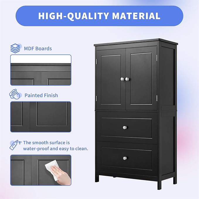 Polibi 43.3" H Storage Cabinet with 2 Doors, 2 Drawers, Adjustable Shelf, Wooden Linen Cabinet for Bathroom, Office, Kitchen, Black