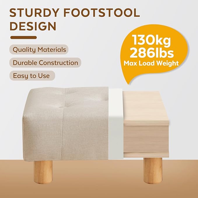 Small Foot Stool Ottoman, Linen Footstool Ottoman Foot Rest for Couch, Rectangle Footstools and Ottomans Small for Living Room, Entryway and Bedroom (Beige)