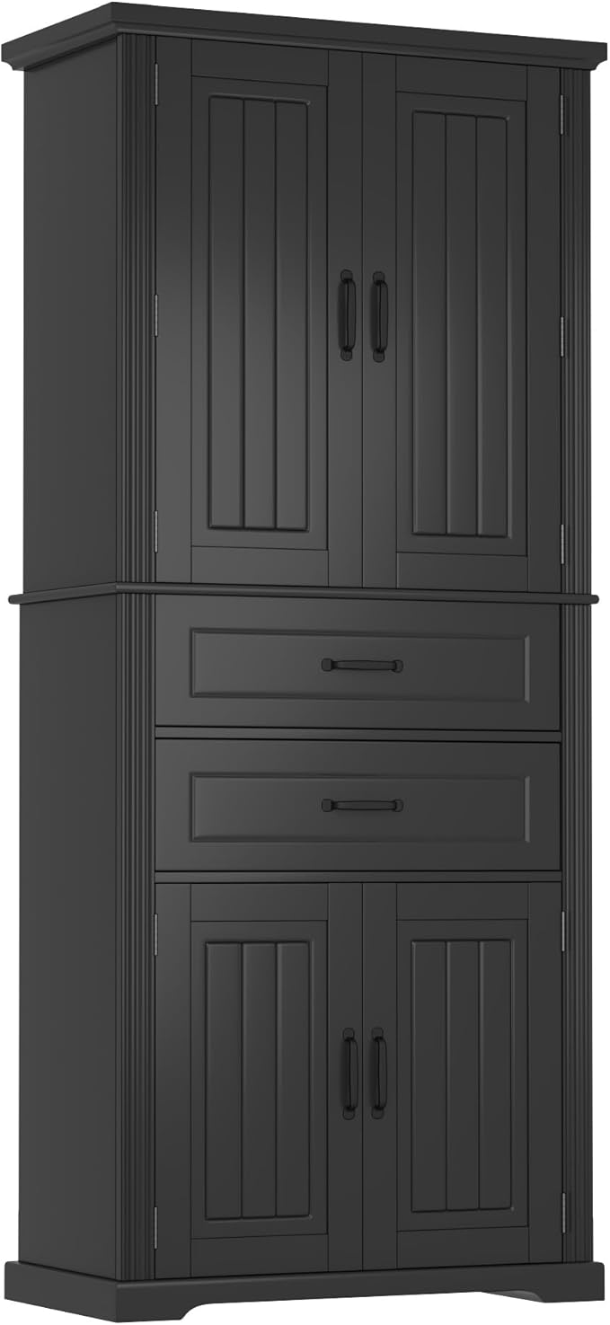 Tall Storage Cabinet, Bathroom Floor Freestanding Storage Cabinet with 2 Doors, Adjustable Shelf, and 2 Drawers for Bathroom, Office, Living Room, MDF Board, Black