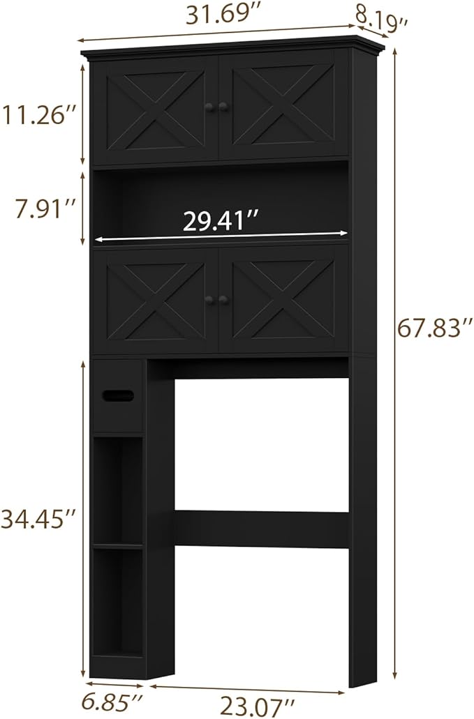 Over The Toilet Storage Cabinet, Farmhouse Storage Cabinet Over Toilet with 4 Barn Doors & Toilet Paper Holder Stand, Black Toilet Shelf Home Space Saver for Restroom, Bathroom, Laundry