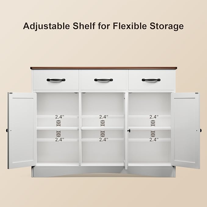 Gizoon Farmhouse Sideboard Buffet Cabinet, 42.5'' Kitchen Storage Cabinets with 3 Drawers and Barn Doors, Wood Coffee Bar Cabinet with Adjustable Shelf for Kitchen, Dining Room, Living Room, Retro