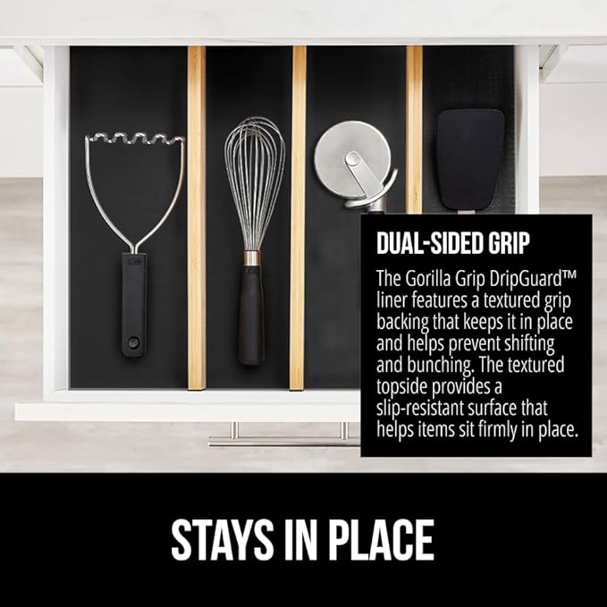 GORILLA GRIP DripGuard Shelf Liner, Non Adhesive Drawer and Kitchen Cabinet Protector, Slip Resistant BPA Free Smooth Surface Plastic Liners for Cabinets, Bathrooms, Closets, 12x240 Inch, Black