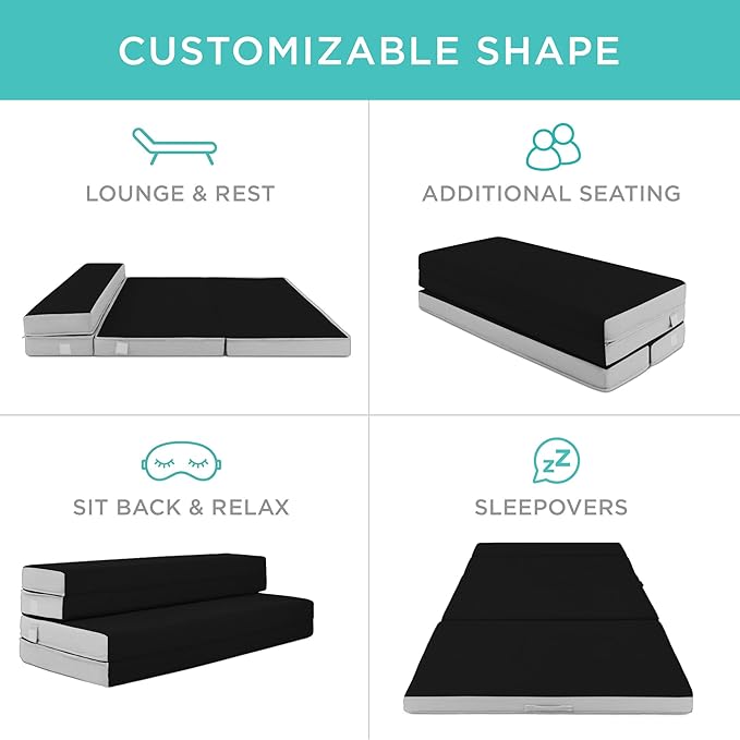 Best Choice Products 4in Portable Full-Size Mattress, Tri-Fold Mattress for Camping, Guest, Toddler, Foam Plush w/Carry Case - Onyx Black