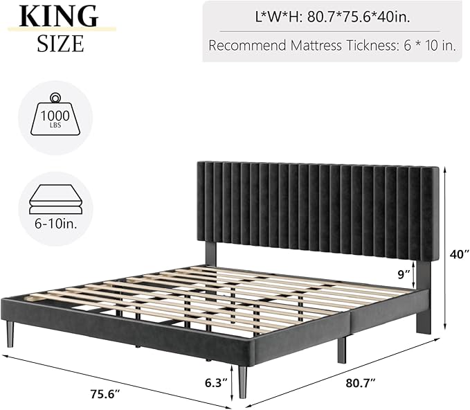 King Size Bed Frame, King Size Platform Bed Frame and Velvet Upholstered Headboard with Strong Wood Slats, Box Spring Optional, Mattress Foundation, Easy Assembly Black