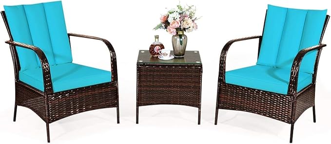COSTWAY 3 Pieces Patio Rattan Furniture Set, Outdoor Conversation Chair Set with Coffee Table & 2 Cushions for Backyard, Porch, Poolside, Lawn, Garden, Turquoise