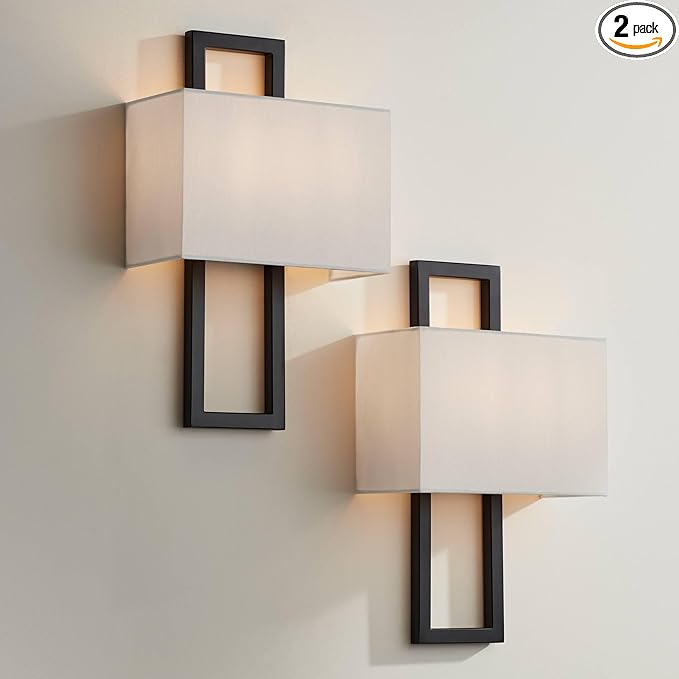 Possini Euro Design Modena Modern Wall Light Sconces Set of 2 Black Hardwired 9 1/2" Fixture Shimmery Silvery Faux Silk Half Shade for Bedroom Bathroom Vanity Living Room Home Hallway Dining House