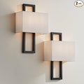 Possini Euro Design Modena Modern Wall Light Sconces Set of 2 Black Hardwired 9 1/2" Fixture Shimmery Silvery Faux Silk Half Shade for Bedroom Bathroom Vanity Living Room Home Hallway Dining House