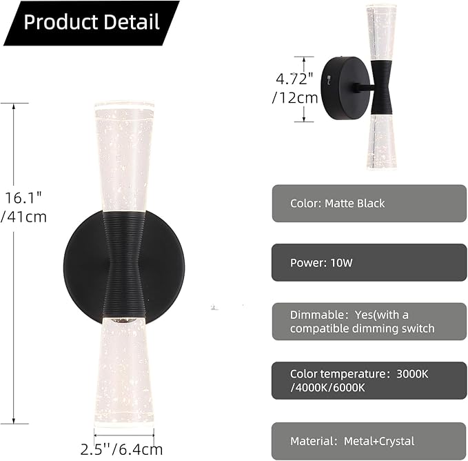 JoollySun Black Wall Sconce Crystal: Dimmable 3-Color (3000K-6000K) LED Bathroom Lighting for Hallway Bedroom Decorative