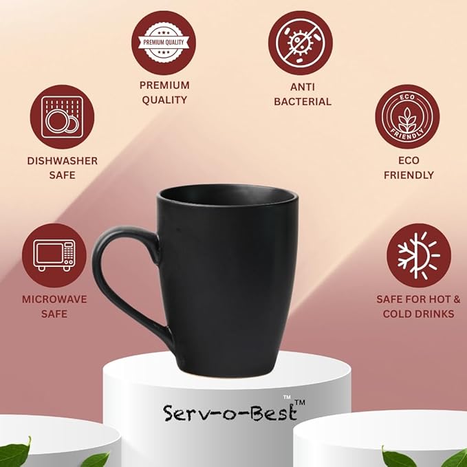 Servo Best Black Coffee Mug Set of 6 with 12 oz Capacity Ceramic Matte Black Mugs, Lead & Toxic Free, Dishwasher & Microwave Safe, Mug Gifts For Home & Office Party, Hot & Cold Coffee