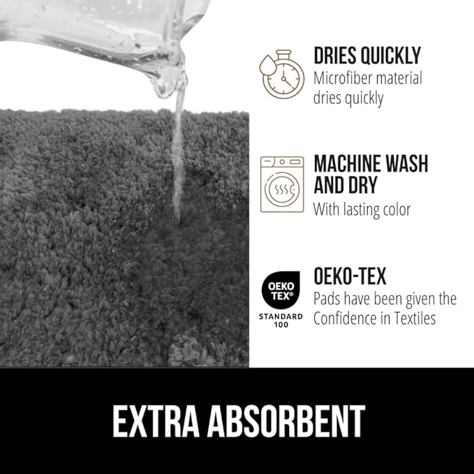 GORILLA GRIP Bathroom Rugs, 30x20, Ultra Soft Absorbent Mat, Thick Plush Bath Rug, Machine Washable, Microfiber Quick Dry, Mats for Shower, Bathtub and Floor, Home Decor Accessories, Charcoal
