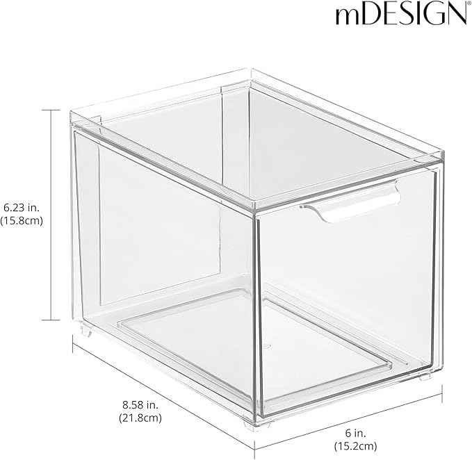 mDesign Plastic Closet Organizer Bin w/Pull Out Drawer - Slim Stackable Storage for Closet - Organization for Accessories, Bags, Totes, Small Linens, and More - Lumiere Collection - 2 Pack - Clear
