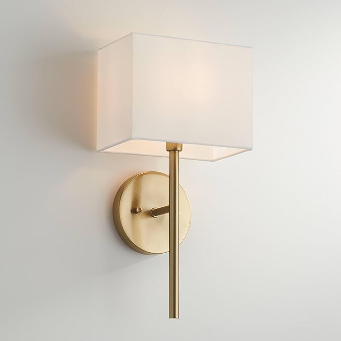 Possini Euro Design Favreau Modern Wall Sconce Lighting Warm Brass Gold Hardwired 16 1/4" High Fixture Rectangular Linen Shade for Bedroom Bedside Living Room Home Hallway Dining Kitchen