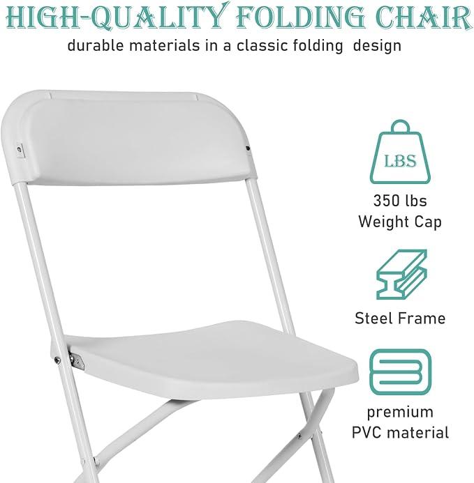 10 Pack Plastic Folding Chairs, Portable Stackable Commercial Party Folding Chairs with Steel Frame 350lbs for Home Office Outdoor Indoor Office Wedding Party Events, White