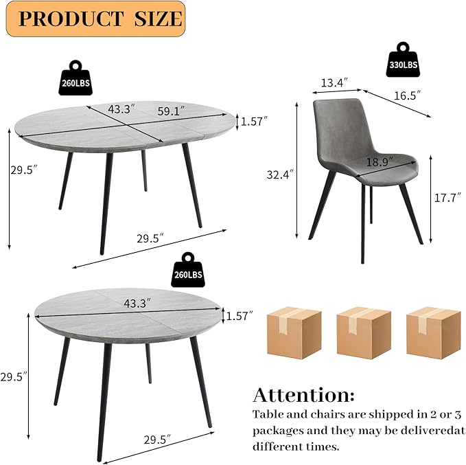 43.3"-59.1" Extendable Round Dining Table Set, Kitchen Table for 6 Person with Scratch-Resistant Thickened MDF Board, Gray Coffee Table w/Metal Legs