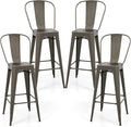 COSTWAY Metal Bar stools Set of 4, with Removable Back, 30'' Bar Height Stools with Rubber Feet, Stylish and Modern Chairs, for Kitchen, Dining Rooms, and Side Bar (Gun-Update, 30'')