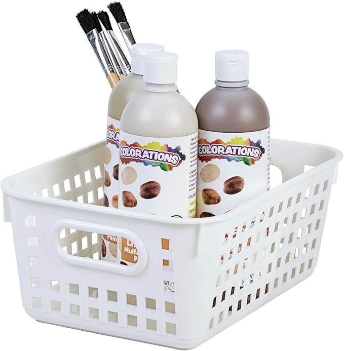 Really Good Stuff Medium Plastic Book Baskets, 11" by 7.5" by 4.5" - 12 Pack, White, Versatile Storage Solution for Classroom, Home and Office, Toy Storage, Multi-Purpose Organizer Basket