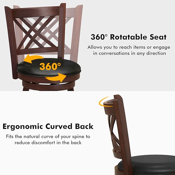 COSTWAY Bar Stool Set of 2 for Kitchen Island, Swivel Upholstered Bar Height Barstools with PU Surface, Rubber Wood Frame, 360° Rotatable Seat, Curved Back, Sturdy Footrest (2, 29" Seat Height)