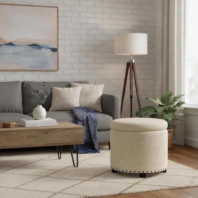 HomePop Home Decor | Upholstered Round Storage Ottoman with Nailheads| Ottoman with Storage for Living Room & Bedroom, Cream Woven