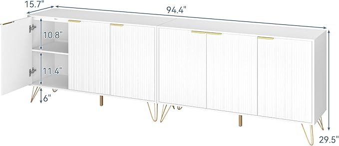 Storage Cabinet Set of 2, White Fluted Cabinet with Adjustable Shelves, Modern Coffee Bar for Kitchen, Living Room and Office