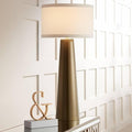 Possini Euro Design Karen Modern 3-Way Table Lamp 36" Tall with Dimmer Dark Gold Glass Column Off White Fabric Drum Shade for Bedroom Living Room House Bedside Nightstand Home Office Entryway Family