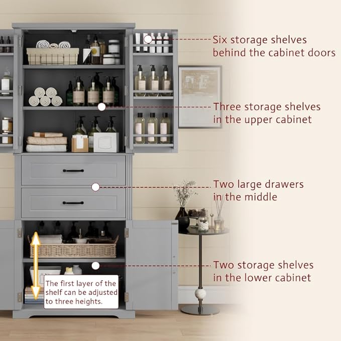 Polibi Elegant Storage Cabinet with Adjustable Shelves - 2 Drawers, 5 Interior Shelves & 6 Small Shelves, for Living Room/Bathroom, Gray