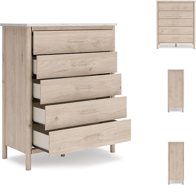 Signature Design by Ashley Cadmori Bohemian 5-Drawer Chest of Drawers with Safety Stop and Post Legs, White & Light Brown