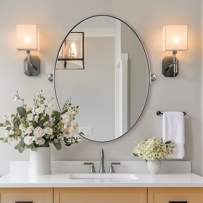 ANDY STAR Brushed Nickel Bathroom Mirror, 20 x 30 Inch Oval Pivot Mirror for Wall, Unique Farmhouse Tilt Mirror in Slim Silver Stainless Steel Metal Frame for Bedroom, Powder Room