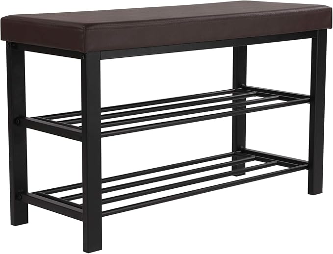 SONGMICS Shoe Bench, 3-Tier Shoe Rack for Entryway, Storage Organizer with Foam Padded Seat, Faux Leather, Metal Frame, for Living Room, Hallway, 12.2 x 31.9 x 19.3 Inches, Brown ULBS58Z