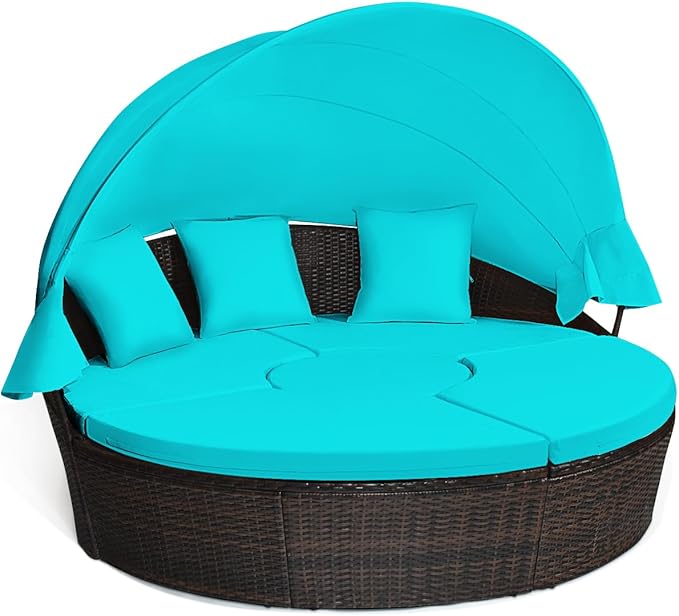 COSTWAY Patio Round Daybed with Retractable Canopy, Wicker Furniture Sectional Couch with Separate Cushioned Seats, Adjustable Table Top, Patio Rattan Daybed Sofa for Poolside, Turquoise