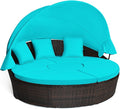 COSTWAY Patio Round Daybed with Retractable Canopy, Wicker Furniture Sectional Couch with Separate Cushioned Seats, Adjustable Table Top, Patio Rattan Daybed Sofa for Poolside, Turquoise