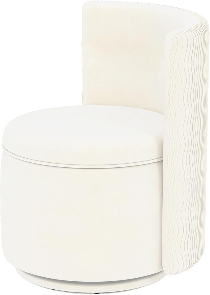 360° Swivel Accent Chair with Storage, Vanity Stool with Back, Velvet Storage Ottoman, Upholstered Round Barrel Vanity Chair for Living Room, Makeup Room, Bedroom (White High-Back)