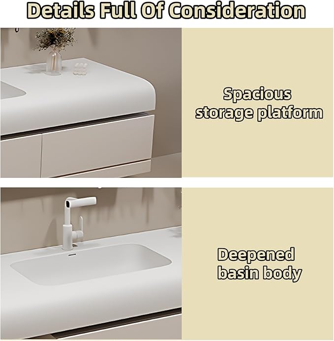 64IN Bathroom Vanity with Sink - Bathroom Cabinet Set has 2 Drawers & Overflow Hole Wall Mounted | LED Practical Defogging Mirror, Open Compartments, Seamless Rock Slab Basin (Coffee)