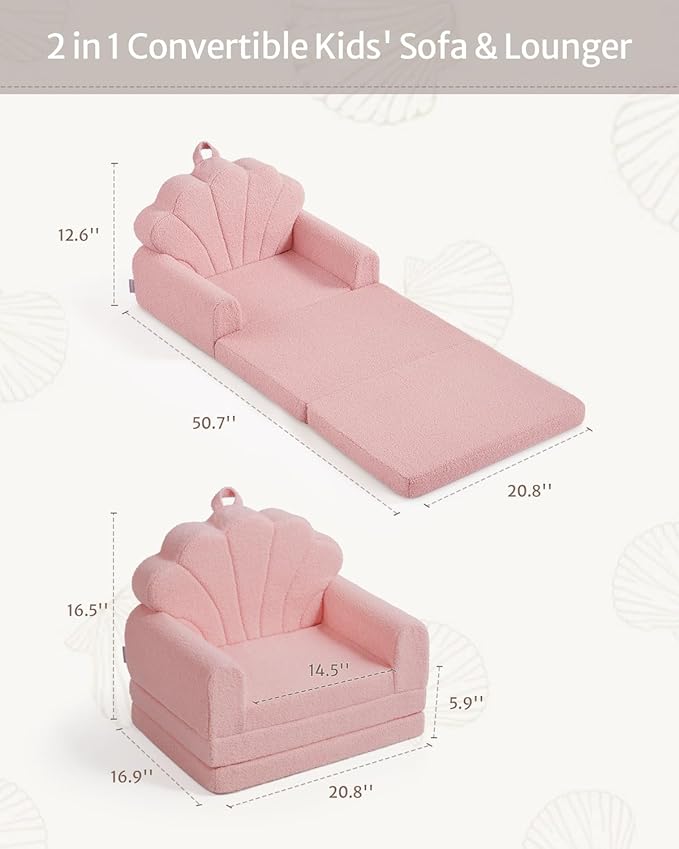 Blissful Diary Kids Couch, 2-in-1 Soft Toddler Couch Fold Out, Toddler Chair Comfy, Convertible Sofa to Lounger, Kids Furniture for Playroom, Gift for Birthday, Children's Day, Pink Shell