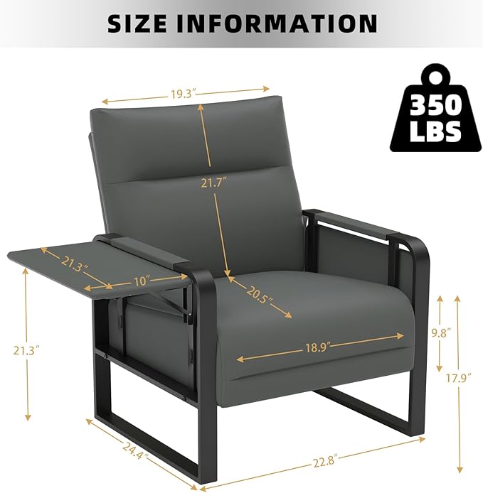 Faux Leather Accent Chair, Upholstered Armchair with Side Tray & Pocket, Comfy Reading Chair for Living Room, Bedroom, Guest Room, Gray