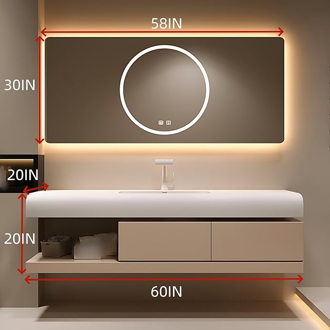 60IN Bathroom Vanity with Sink - Bathroom Cabinet Set has 2 Drawers & Overflow Hole Wall Mounted | LED Practical Defogging Mirror, Open Compartments, Seamless Rock Slab Basin (Khaki)