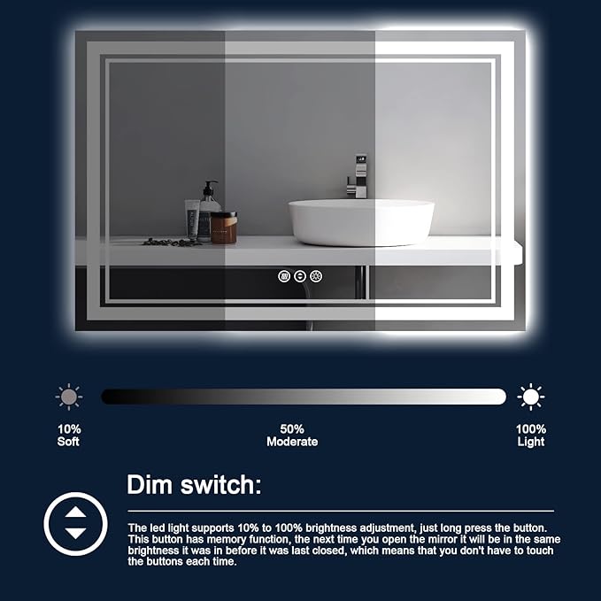 96 x 36 Inch LED Bathroom Mirror with Lights, Backlit and Front Lighted Bathroom Mirrors for Wall, Anti-Fog Dimmable Memory Shatterproof LED Vanity Mirror for Bahtorom