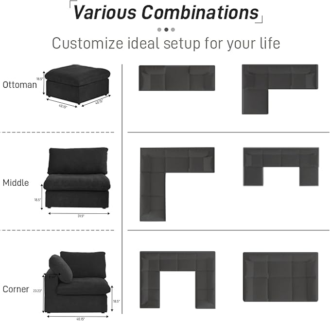 WJShome Love Seat Sofas,80.3" Down Filled Modular Sectional Sofas for Living Room,Cushion Covers Removable, Customizable Modular Sectional Couch for Apartment(Black)