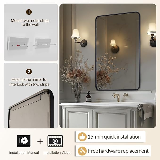 ANDY STAR Black Bathroom Mirror for Wall, 24x36 Inch Rounded Rectangle Mirror for Bathroom, Modern Tube Metal Framed Rectangular Mirror for Vanity, Explosion-Proof Film, Vertically/Horizontally