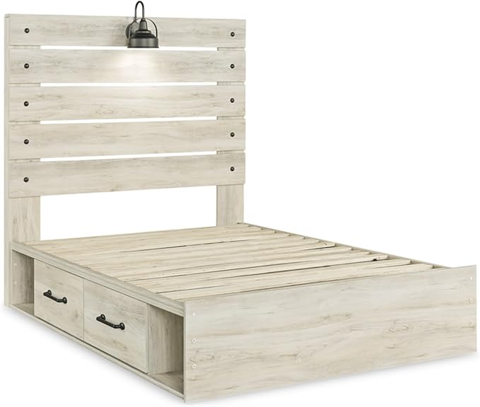 Signature Design by Ashley Cambeck Farmhouse Full Panel Platform Bed with 4 Storage Drawers, Sconce Light and USB Ports, Foundation or Box Spring Not Needed, Whitewash