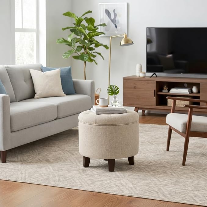 Homepop Home Decor Upholstered Round Tufted Foot Rest Ottoman Ottoman with Storage for Living Room & Bedroom Decorative Home Furniture, Twine Small