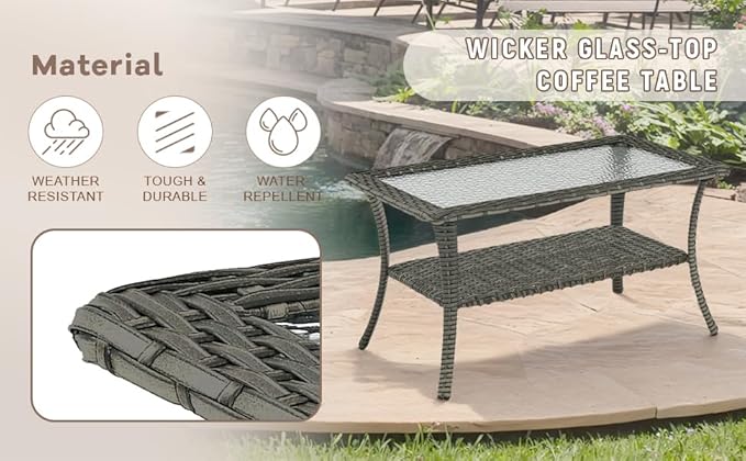 Swivel Patio Chairs sofa Set of 9 with 6" Thick Cushion - Wicker Outdoor Swivel Rocker Patio Chair ,Sofa/Glass coffee table, High Back Comfortable Outdoor Glider Chairs - Grey Wicker | Grey Cushions