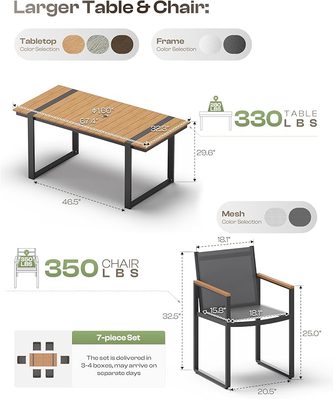 Outdoor Dining Set, Patio Table and Chairs Set, 7 Piece HDPS + Aluminum Patio Furniture Set with Umbrella Hole, Patio Dining Table Set (Gray-Teak)