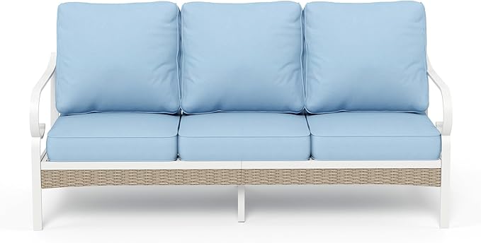 Patio Furniture Sofa, 3-Seat Patio Sofa Steel Frame Outdoor Sectional Couch with Deep Seating and 5.5” Cushions for Lawn Backyard Porch Deck, Blue