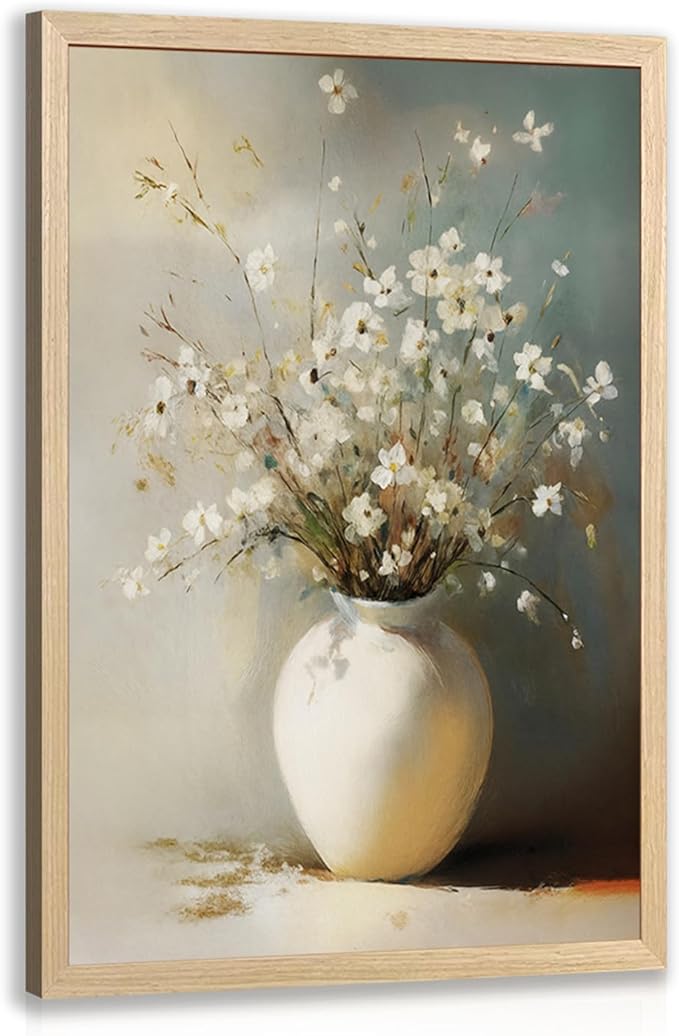 HLXRAE White Floral Wall Art, Rustic Farmhouse Bathroom Wall Decor, Soft Neutral Wildflower Still Life Canvas Print, Minimalist Botanical Aesthetic Picture for Bedroom Laundry Wood Framed 12x16 Inch