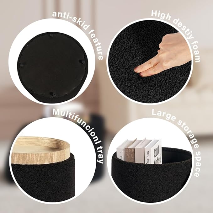 PINPLUS Storage Ottoman Round Boucle Ottoman with Tray, Teddy Velvet Footstool Cube for Living Room, Bedroom, Dorm 13.4"x13.4"x15" (Black)