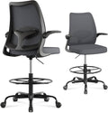 Drafting Chair,Tall Office Chair with Adjustable Footrest Ring,Lumbar Support,Ergonomic High Desk Seat,Flip-Up Armrests,Breathable Mesh Standing Stool for Home Office,Grey