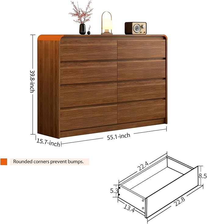 8 Drawer Dresser For Bedroom 55 Inch Wood Chest of Drawers - Curved Anti Collision, Mid Century Dresser For Closet with Natural Texture & Pre-Embedded Slots for TV Stand, Living Room, Nursery